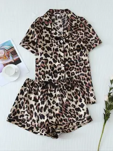 Women's Leopard Print Satin Pyjama Set, Casual Comfy Short Sleeve Pocket Shirt & Elastic Waist Shorts PJ Set, Ladies Summer Sleepwear Loungewear
