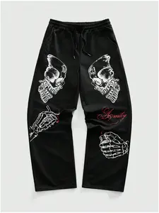 Unisex Dark Aesthetic Baggy Joggers - Gothic Skeleton Hand & Lighter Graphic Sweatpants - Premium Wide Leg Streetwear Trousers for Opium Style & Grunge Outfits