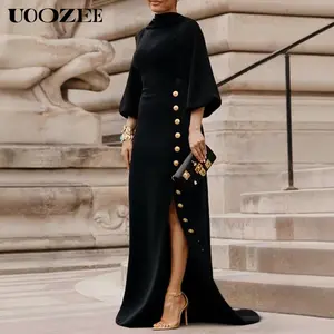UOOZEE Women's 2025 Gold Buttoned Wedding Prom Evening Gown Party Slit Maxi Dresses Lace Up Mock Neck Autumn Maxi Dresses (Sizing Runs Small - Check Size Guide or Order Larger) Formal Womenswear black dresses women birthday outfit SpringStatements