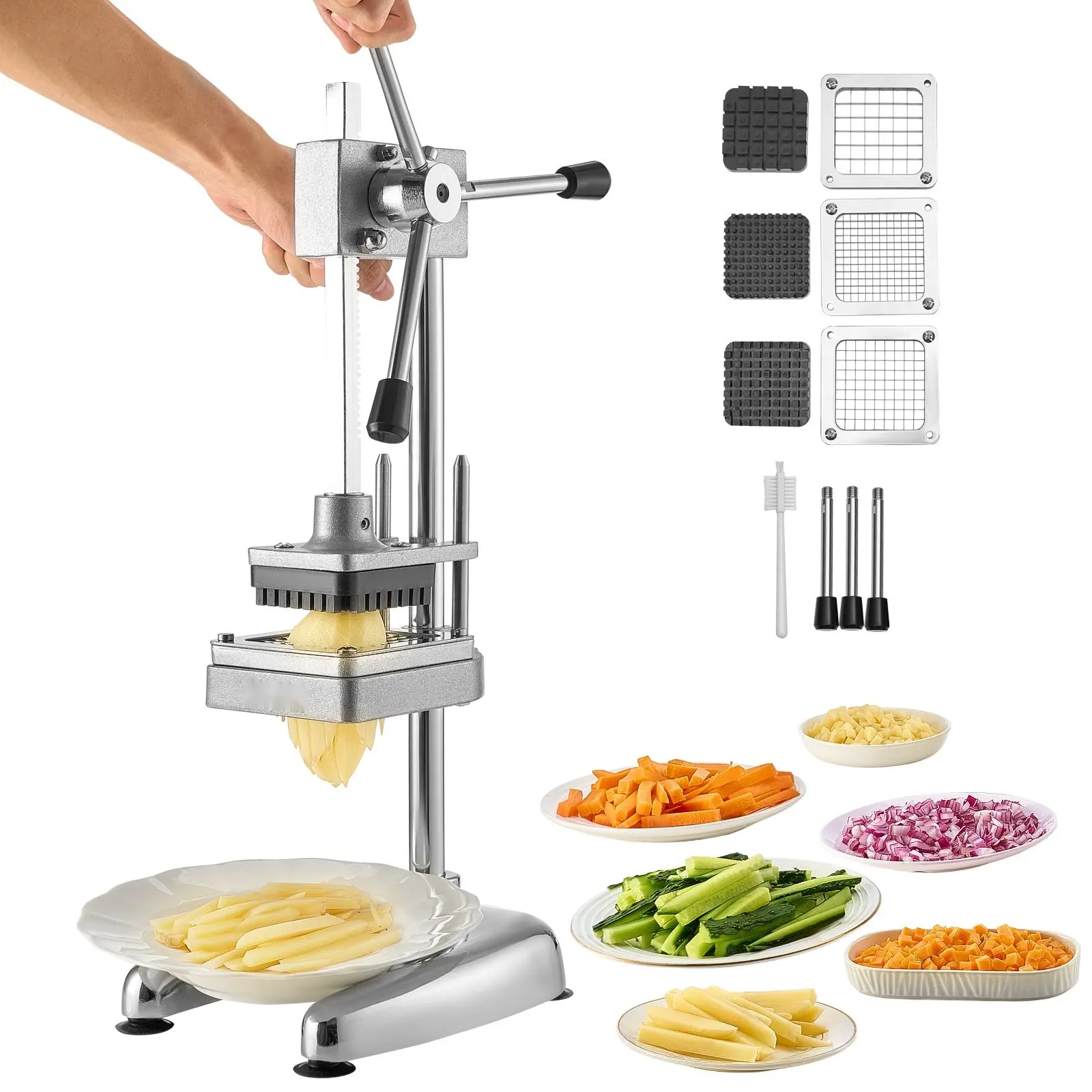 Commercial Grade French Fry Cutter and Stainless Steel Vegetable Chopper With Three Blades, Heavy Duty Manual Food Processor for Restaurant Home Kitchen, Durable Construction, Easy to Clean, Ergonomic Design, Multipurpose Cutter