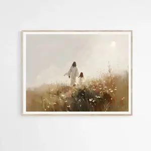 Jesus and little girl walk in flower field, Christ's Embrace Wall Art , Christian Faith Gift Unframe Canvas posters, room decorations, wall art, suitable for gifts for family and friends