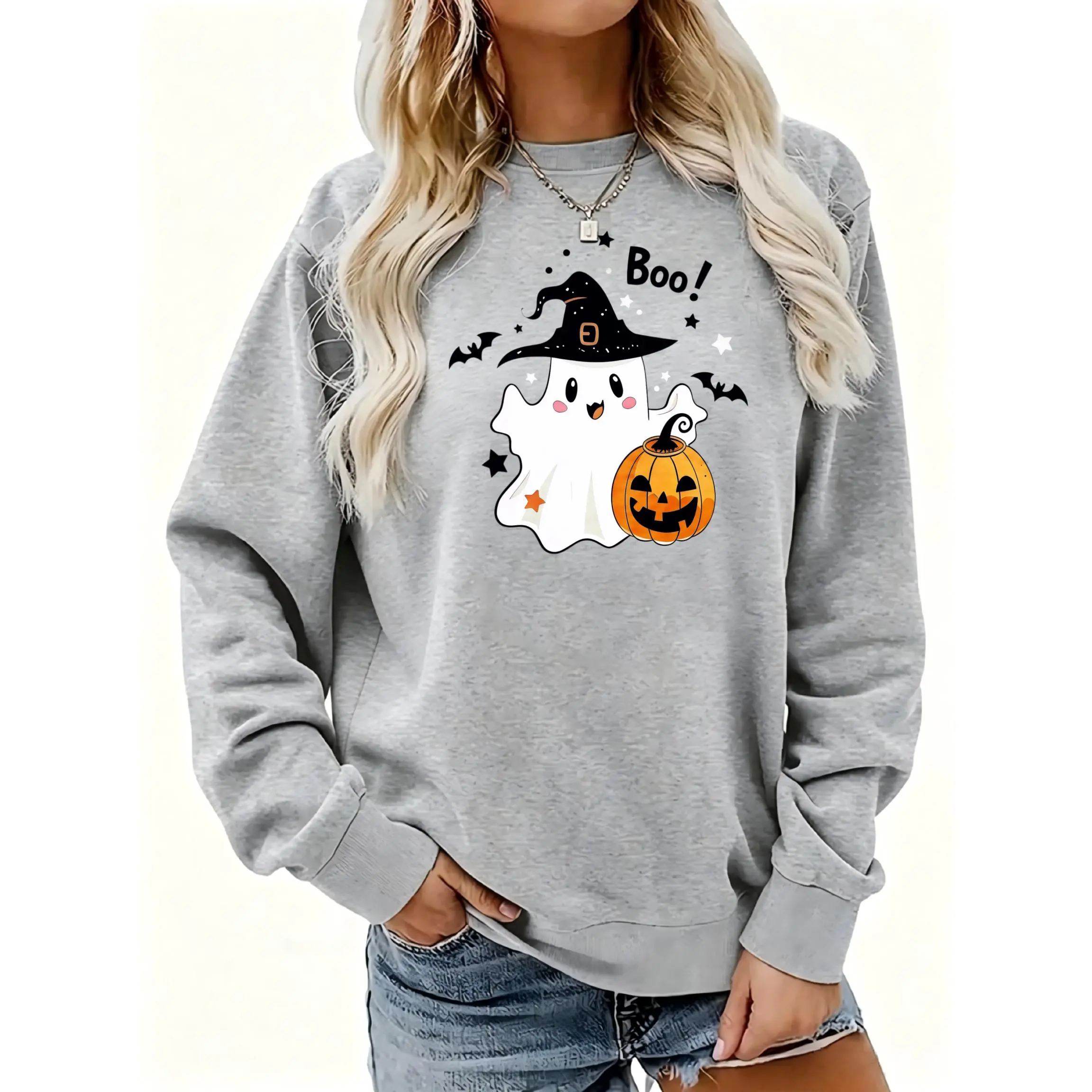 Women's Cute Ghost Pumpkin Boo Print Crewneck Sweatshirt | Soft Stretchy Long Sleeve Pullover | Cozy Fall Layering Essential For Casual Daily, Office & Streetwear Looks