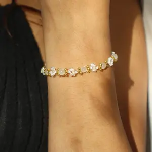 Beaded White Flower Bracelet Handmade Gold Accented Delicate Jewelry for Women