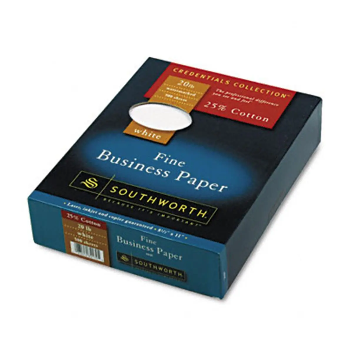 Southworth Credentials Collection 25% Cotton Fiber Business Paper - White, 20lb, 8-1/2" x 11" Letter Size, 500 Sheets, Wove Finish, Watermark, Date-Coded, Laser Printing - For Documents, Legal Use, Office Stationery Supplies, Office Accessories
