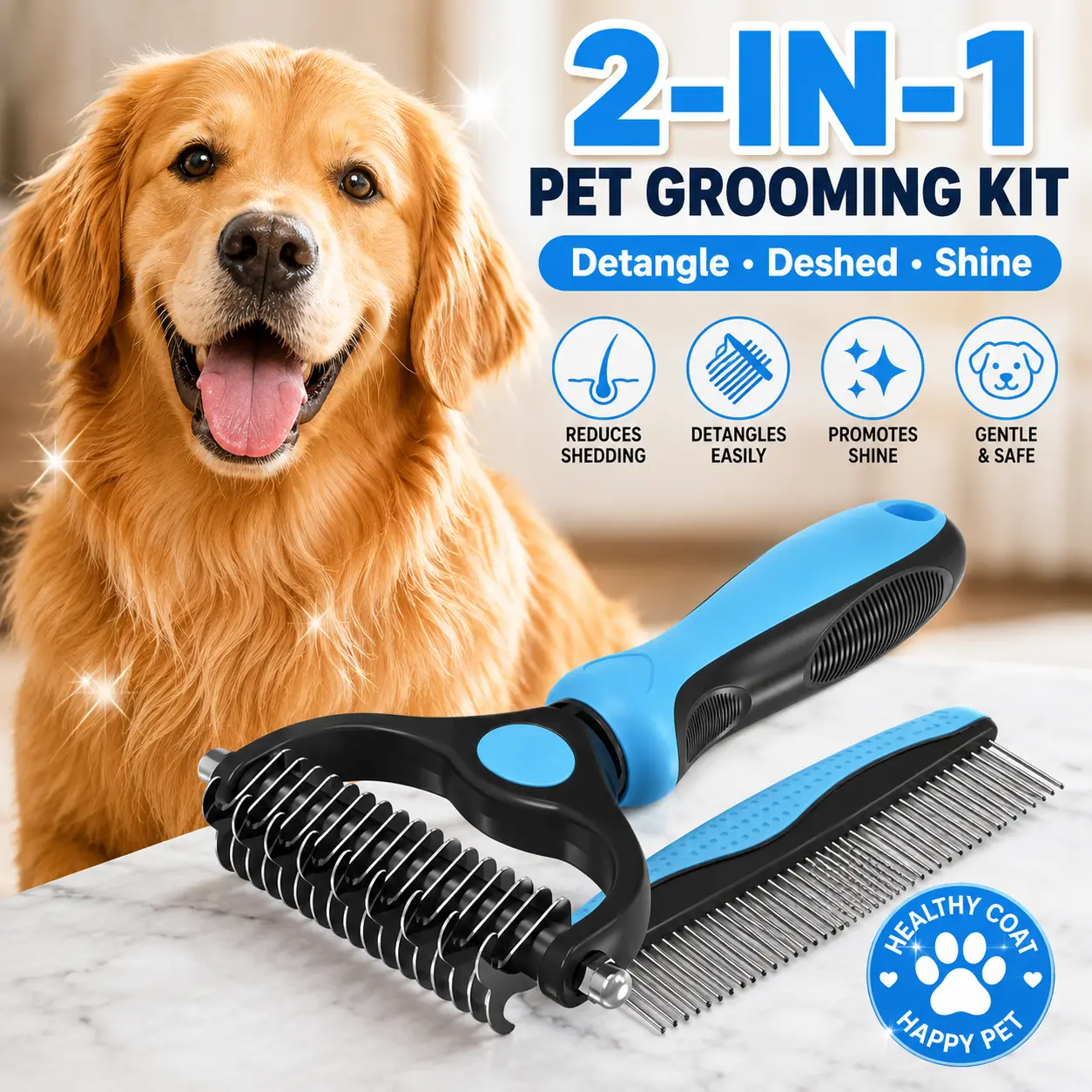2-Pack Pet Dematting Comb Set, Pet Grooming Supplies - Hurtless Double-Sided Undercoat Rake, Groomer Tools for Home Grooming, Hair Control & Slicker Brush Function for Dogs and Cats, Stainless Steel