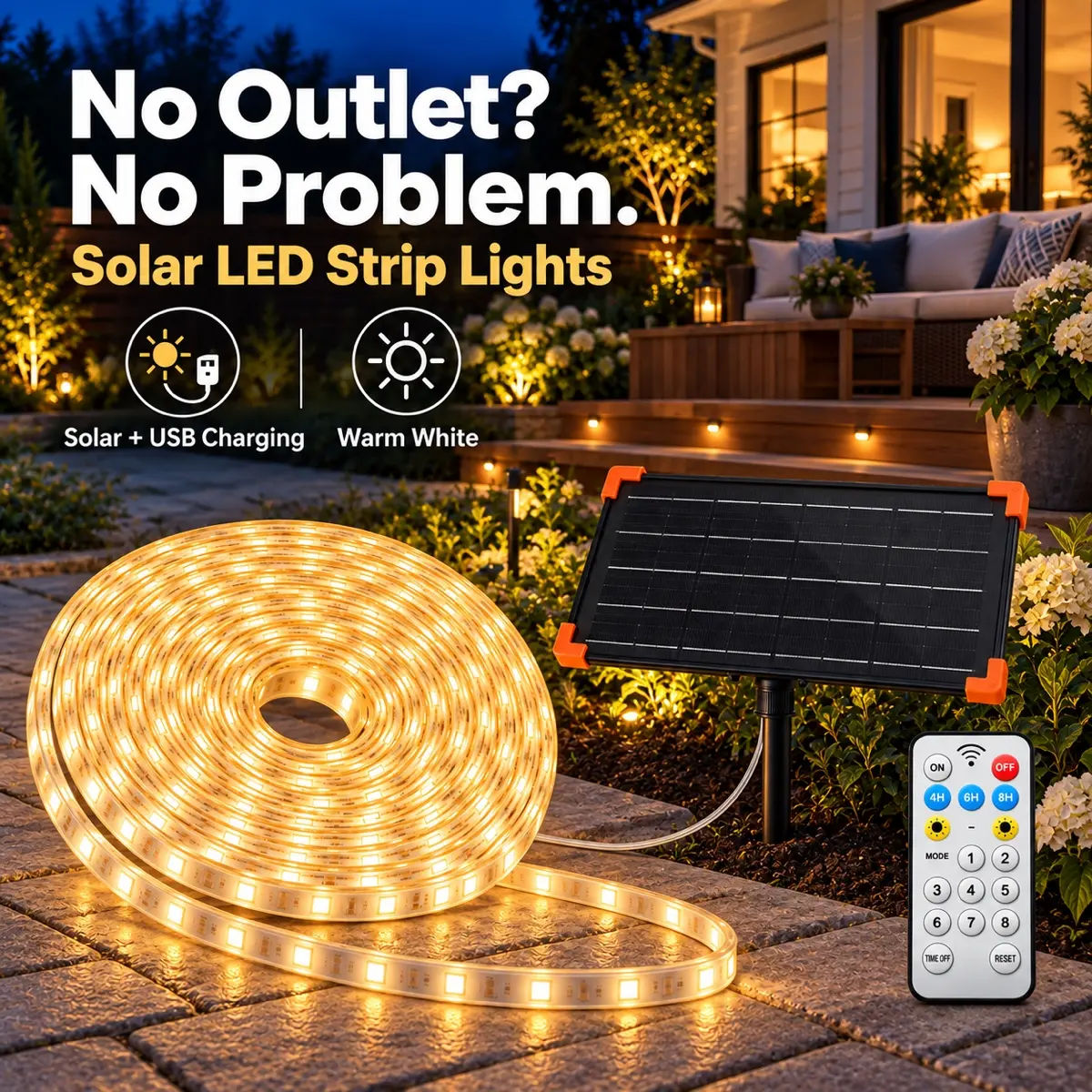 Solar LED Strip Lights Outdoor, 66FT 640 LEDs, Solar & USB Rechargeable, Remote Control, 8 Modes, Dimmable with Timer, IP68 Waterproof for Backyard, Patio, Deck & Fence