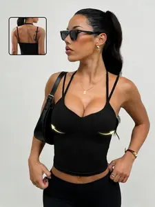 Women's Solid Color Halter Sports Bra, Dual Layer Design, Adjustable Neck Straps, Comfortable Yoga Fitness Support, All-Season Active Lifestyle