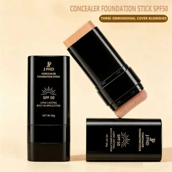 2-in-1 Concealer Foundation Stick Cosmetic - SPF50, Full Coverage, Built-in Brush, Blendable, Long-Lasting Waterproof, Daily Use for All Skin Types, 20g Cream