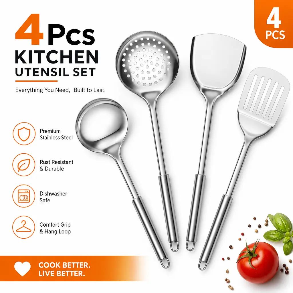 Premium Stainless Steel 4pcs Kitchen Utensil Set - Soup Ladle, Slotted-Solid Turner, Skimmer, Heat Resistant, Non-Toxic, Dishwasher Safe, Hang Loop, Mirror Polish, Easy to Clean, Exquisite Craftsmanship, Hole Design, Space-Saving - Ideal for Home Chefs, G