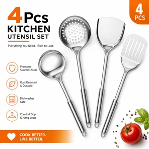 4-Piece Stainless Steel Kitchen Utensil Set – Soup Ladle + Slotted/Solid Turner + Skimmer, Heat Resistant Metal Tools, Non-Toxic, Dishwasher Safe – Perfect for Home Chefs