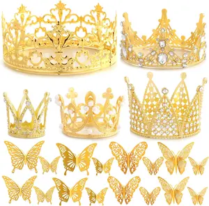 Billbotk 53 Pcs Flower Bouquet Accessories, 5 Pcs Gold Crowns and 48 Pcs Gold Butterfly Decorations for Flower Bouquets, Cake Topper for Birthday Party Wedding Baby Shower