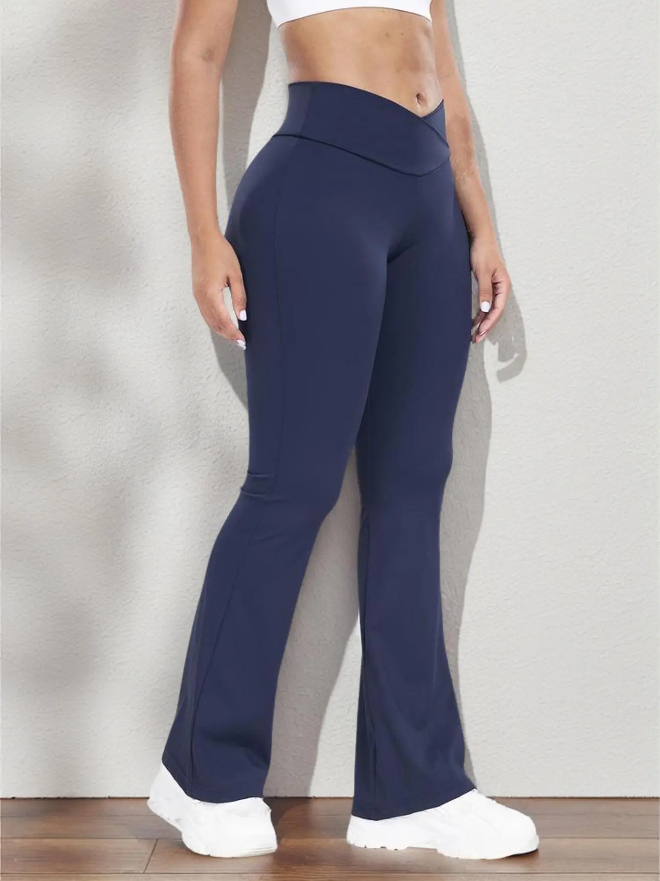 Women's Solid High Waist Flare Leg Sports Leggings, Casual Overlap Bell Bottom Pants, Gymreapers, Women Sport & Outdoor Clothing for Yoga Gym, Summer