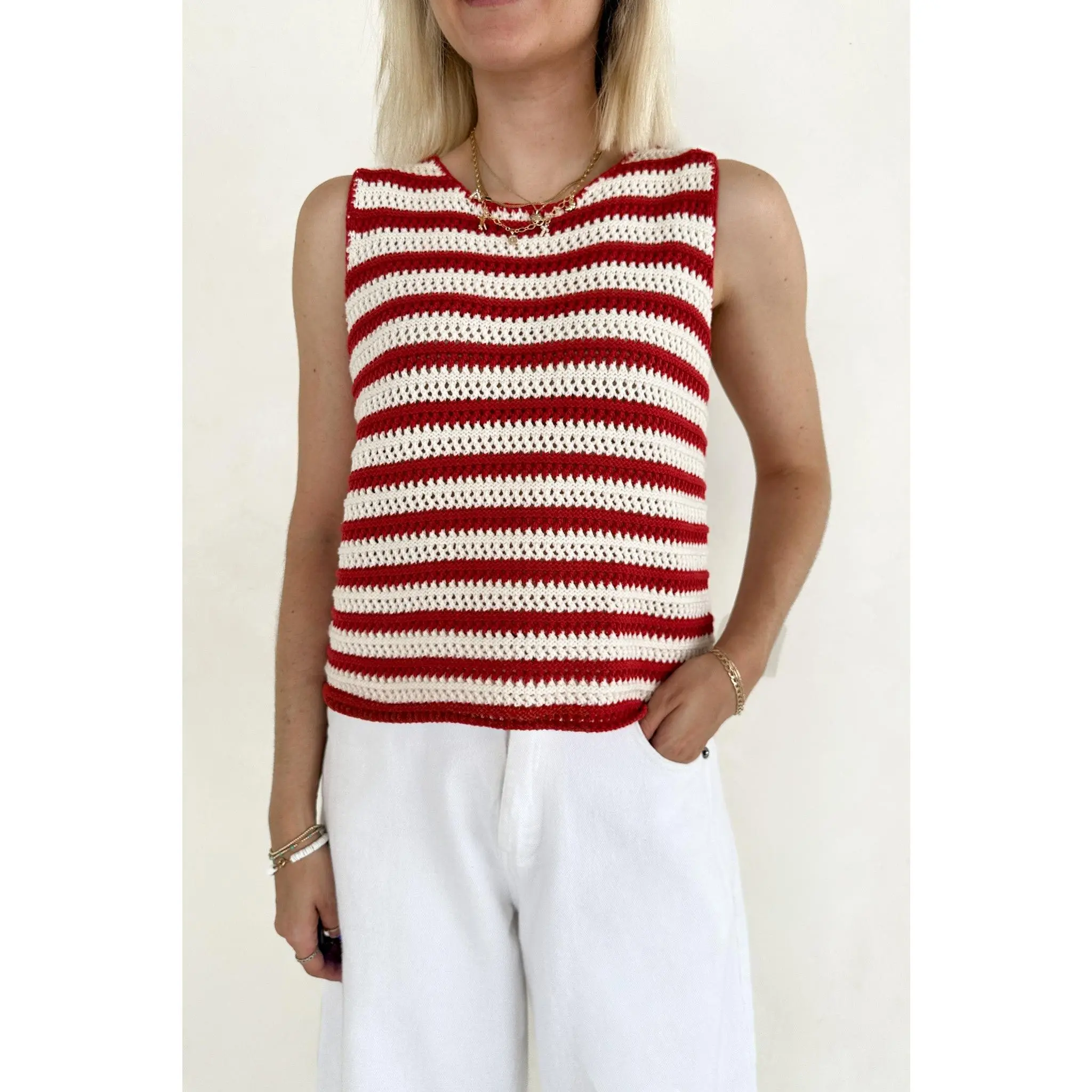 Boardwalk Red & White Stripe Crochet Knit Top