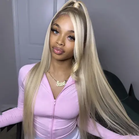 Highlight Brown Blonde with Brown Roots Straight 13X6 HD Transparent Lace 613 Colored Ash Blonde Highlight Straight Human Hair Wig Pre Plucked Middle Part 613 Colored Stripe Wig for Women