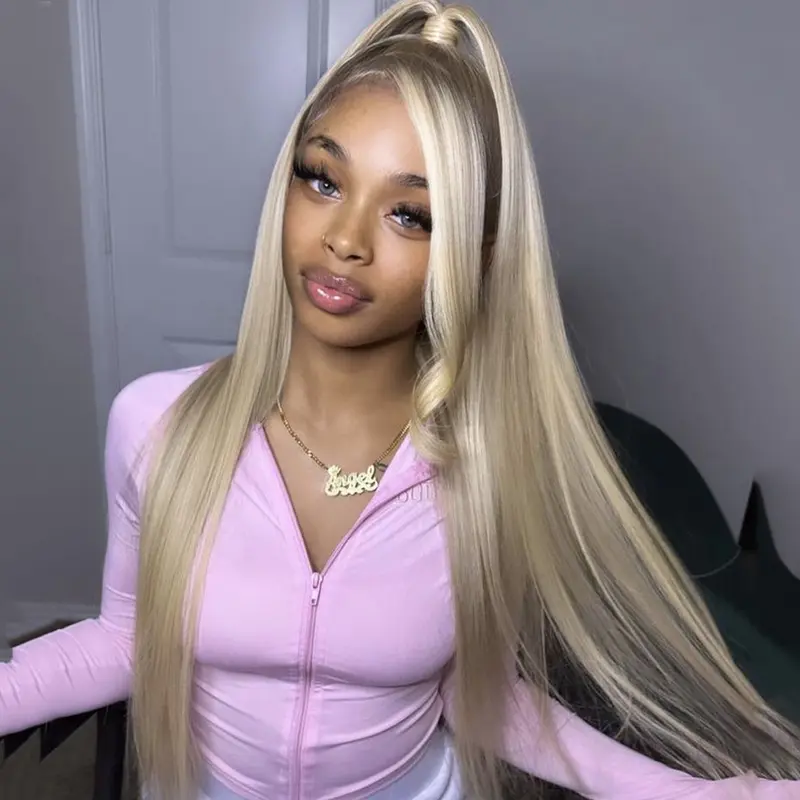 Highlight Brown Blonde with Brown Roots Straight 13X6 HD Transparent Lace 613 Colored Ash Blonde Highlight Straight Human Hair Wig Pre Plucked Middle Part 613 Colored Stripe Wig for Women