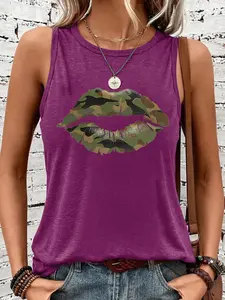 Women's Fashion Camo Lip Print Military Theme Sleeveless Vest Womenswear Tops, Casual Summer Lightweight Fabric, Perfect for Casual and Vacation Wear