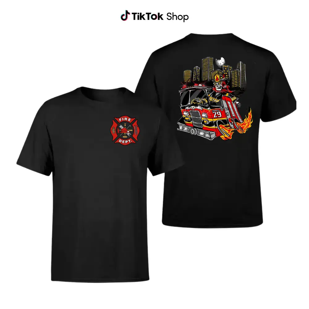 Shortsleeve Round Neck Fire Dept Engine 29 Skull Driver Casual Menswear Top, Vintage Streetwear Graphic Tee For Firefighters, First Responder Gift, Tshirt