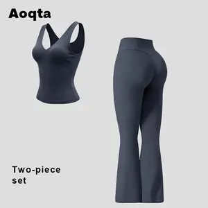 Aoqta Two-Piece Sporty Tracksuit Set - Gray Racerback Tank Top & High Waist Flare Leggings, Soft Elastic Fitness Outfits for Yoga, Workout, Indoor & Outdoor Activities，Women's Racerback Tank Top & High Waist Butt-Lifting Flare Leggings