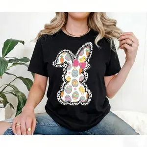 Casual Women S Round Neck Short Sleeve T Shirt With Easter Bunny Bow And Colorful Swirls Print Perfect For Spring Festival Holiday Gift For Sister Friend Or Her