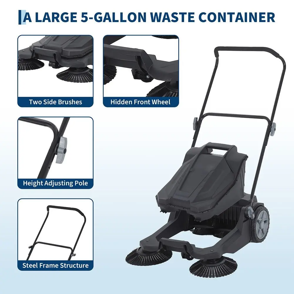 Walk-Behind Hand Push Floor Sweeper, 25. 6" Outdoor Hand Push Lawn Sweeper, 5-Gallon Waste Container, Angle & Height Adjustable Folding Handle for Walkway, Yard, Garage, Patio