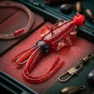 Glow Squid Lure Kit: 3-color Gradient TPr glowing octopus skirt, 3-Level Adjustable Brightness, Anti-Tangle guide design for Deep Sea Fishing. 130mm Glow Bait for Night, Boat, Rock & Raft Fishing.