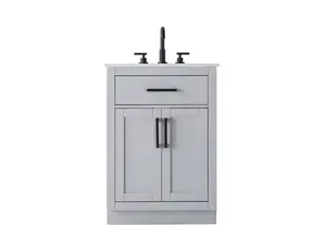 212 MAIN 24 in. Alden Transitional U-Shape Single Bathroom Vanity - Bathroom Cabinet, Grey, Fully Built, Plumbing Ready, Marble Top, Pre-Drilled, Soft-Closing Doors