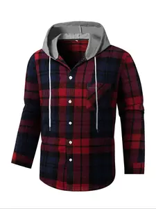 Men's Plaid Print Button Front Drawstring Hooded Shirt, Casual Regular Fit Long Sleeve Pocket Top for Fall & Winter, Men's Clothes for Daily Wear