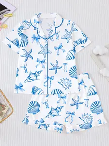 Ocean Theme Shell Starfish Print Pajamas, Summer Fire Retardant Soft Skin-Friendly Elastic Homewear, Casual Short Sleeve Top & Loose Fit Shorts Set