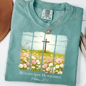 Comfort Colors Christian Easter Shirt He Is Risen | Floral Cross Matthew 28:6 Faith Based Religious Tee Gift