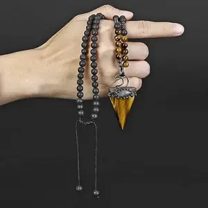 Natural Lava Rocks Tiger Eye Beaded Arrowhead Charm Meditation Healing Malar Men Women Necklace