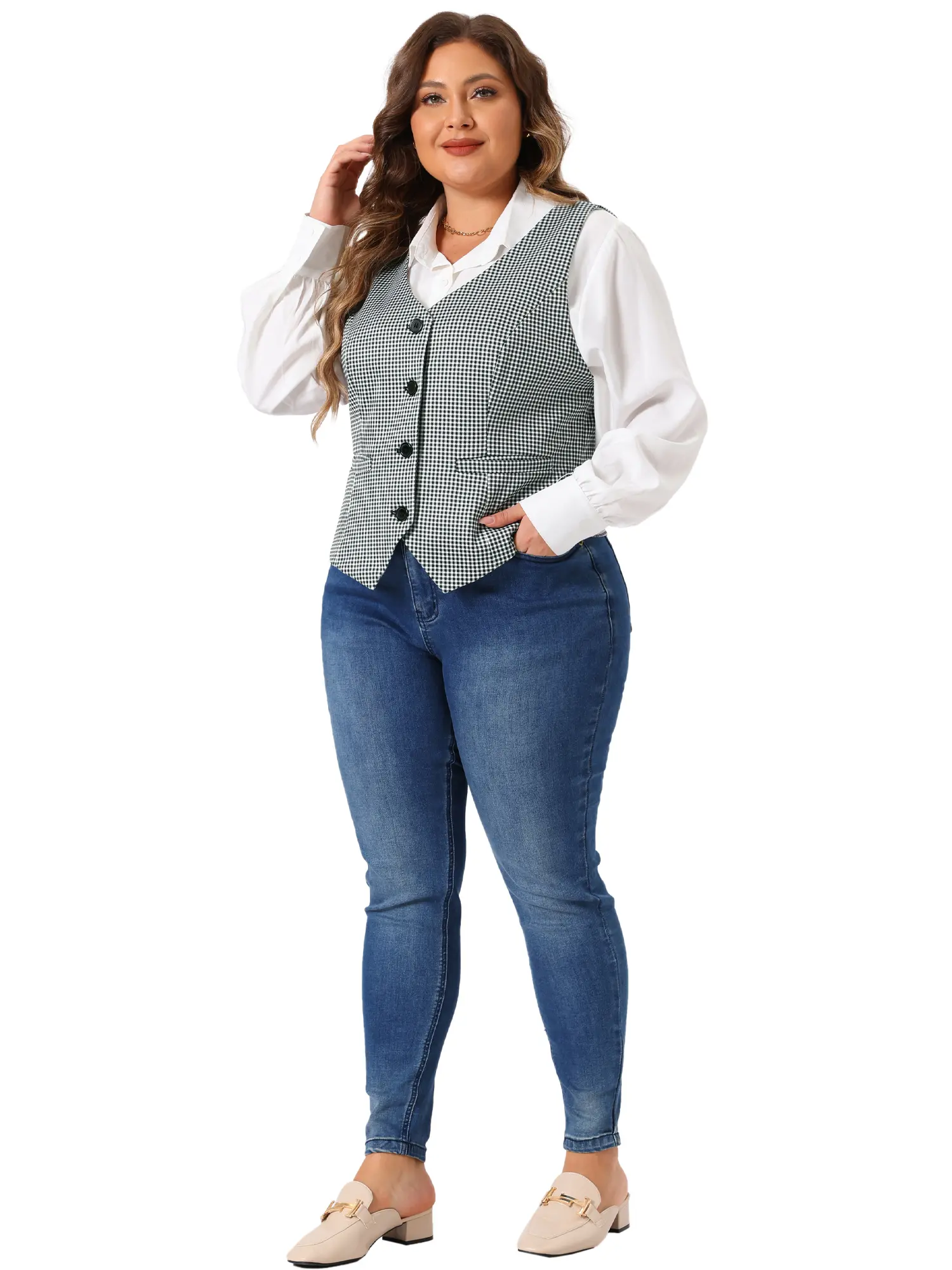 Agnes Orinda Plus Size Waistcoat Vests for Women Sleeveless V Neck Plaid Vintage Work Button with Pockets Vests
