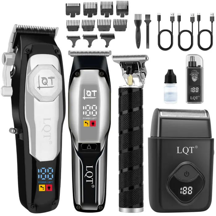 LQT 4‑in‑1 Barber Kit Digital display on all units. Clipper, trimmer, T‑blade & foil shaver included. Sharp blades for fade, outline & close shave. Guards & accessories for salon & home.