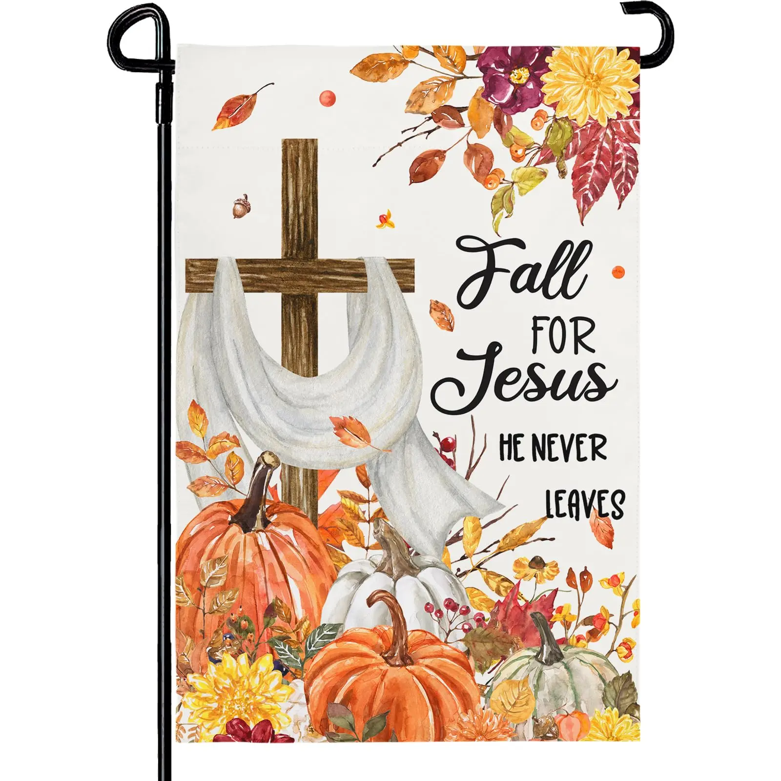 Fall For Jesus He Never Leaves Garden Flag 12x18 Inch Double Sided for Outside Autumn Thanksgiving Yard Flags Pumpkin Cross Outdoor Small Flag for Home Decorations