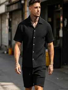 Men’s casual short-sleeve set: knit openwork men’s casual outfit featuring a top with button closure and a waist drawstring that can be adjusted at the bottom; suitable for summer outdoor casual wear.#SummerVibes