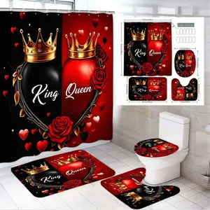 1/4pcsKing & Queen Valentine's Day Bathroom Set - Black Red Shower Curtain with Golden Crowns, Red Roses & Hearts, Matching 2 Bath Mats + Toilet Cover, Romantic Wedding Anniversary Home Decor, Shower Curtain Sets