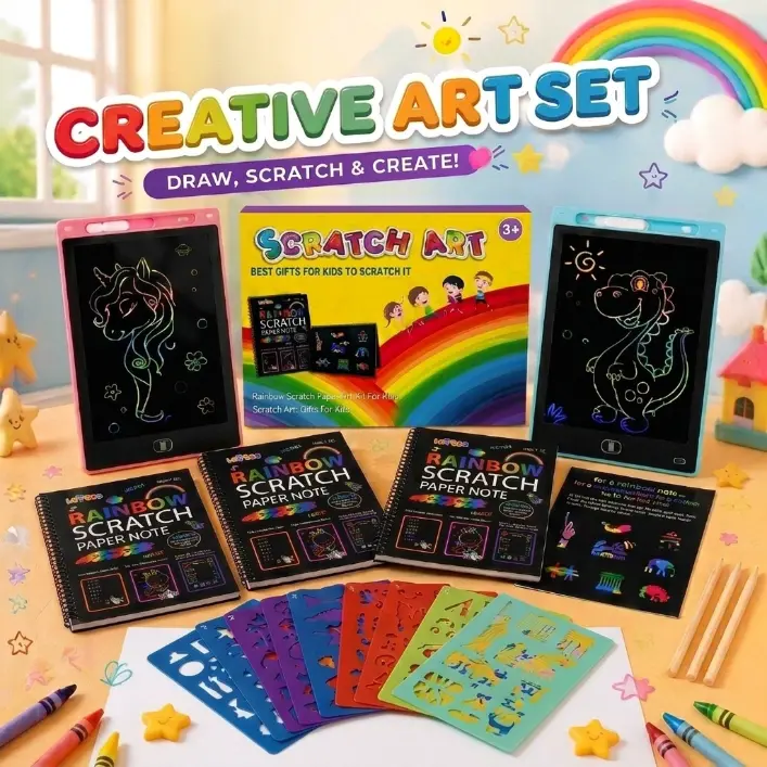 2pcs 10inch LED Drawing Tablet (Pink+Blue)+Rainbow Scratch Paper Set, Kids Art & Craft Art & Writing Bundle, Mess-Free Reusable Paper 2-in-1 Toy, Screen-Free Educational Gift for Boy Age 3-10