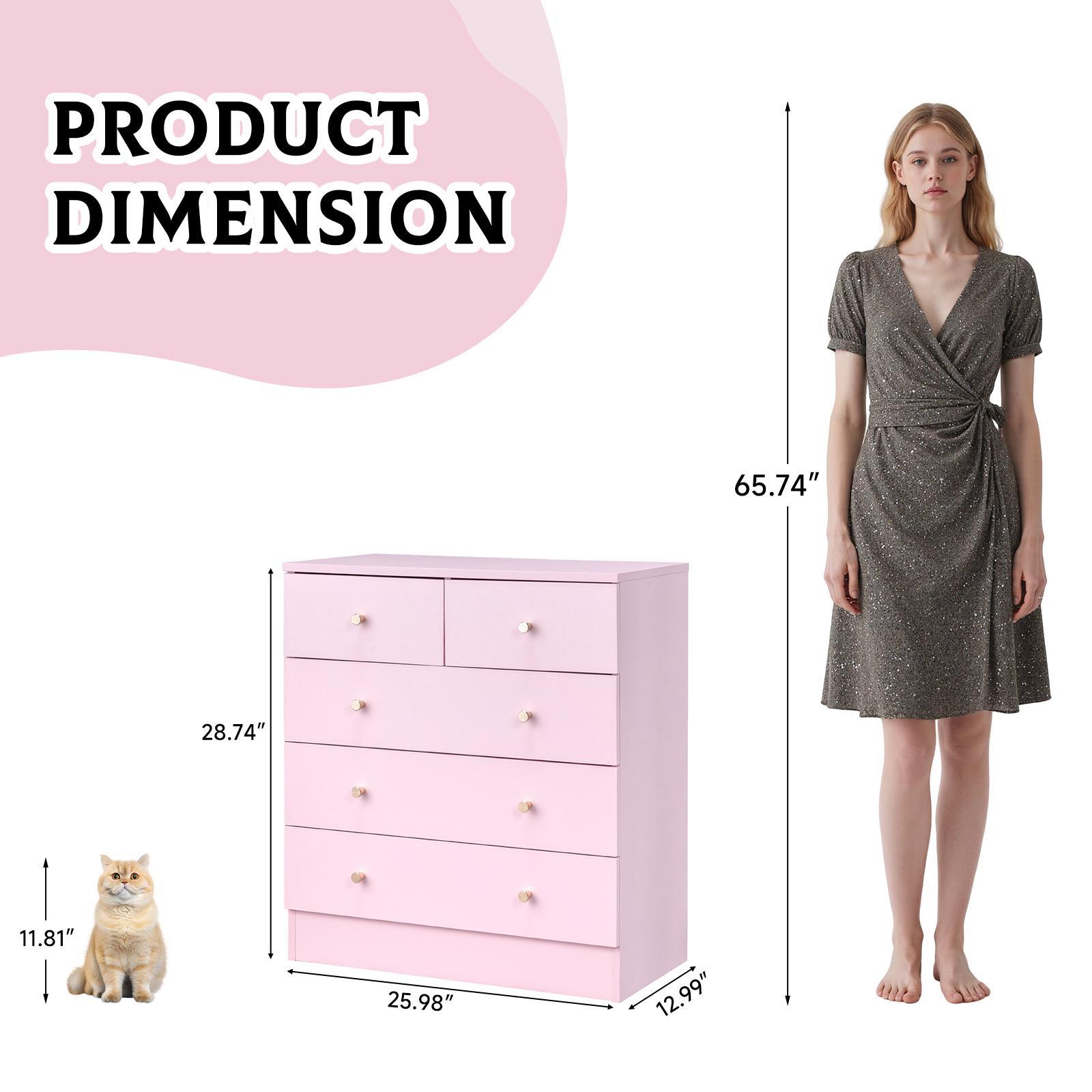 Karl home Pink 5 Drawer Dresser for Bedroom, Modern Wood Dresser Chest of Drawers, Pink Bedroom Dressers for Girls, Anti-Tipping Device, Rose Gold Metal Handle, Living Room, Entryway, Hallway, Office
