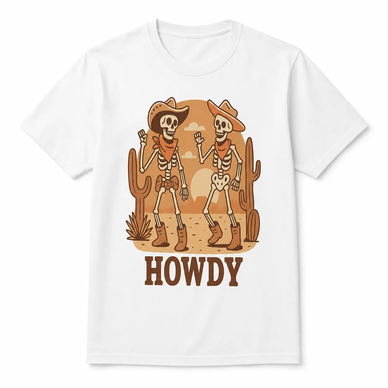 Men's Howdy Cowboy Skeleton Graphic T-Shirt - Menswear Casual Crew Neck Shortsleeve Regular Fit Cotton Top, Funny Western Tee, Tops