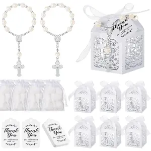 100 Pieces Baptism Favors Set Includes 25 Pieces Mini Rosary, Laser Cut Baptism Favor Boxes, White Organza Bags and 25 Pcs Thank You Tags for Bautizo Recuerdos Christening Wedding Party Supplies