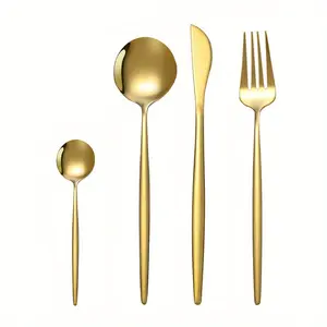 4pcs/set Golden Cutlery Set Creative Stainless Steel Portuguese Silverware Set - Family Restaurant-Ready Knife, Fork & Spoon, Dishwasher Safe Flatware Set Mirror Polished Western Cutlery for Wedding Party Dinning Household Hotel Kitchen, Tableware Set