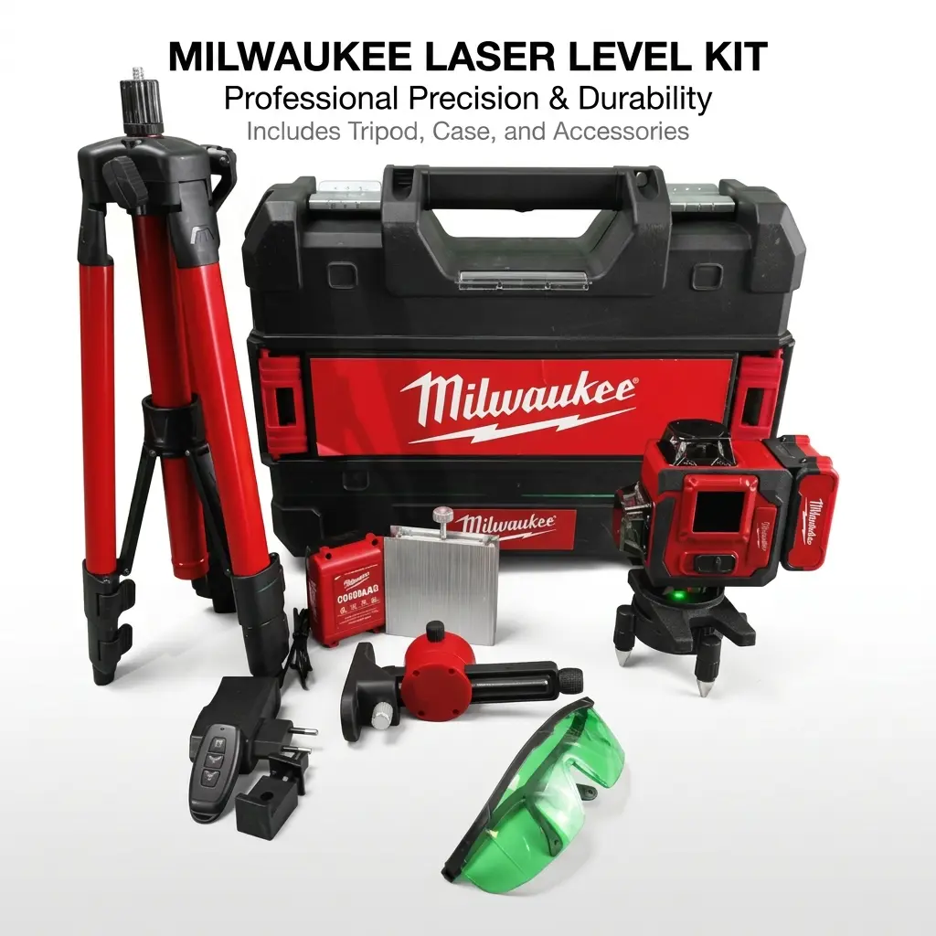 Milwaukee  Green Cross Line Laser Level Complete Kit Cordless Measuring Set For Tile Paving Drywall Framing And Cabinet Alignment Auto Self-Level Pendulum Lock IP54 Dust Water Resistance And Matching Charger Battery Storage Case pick torque high impac Pad