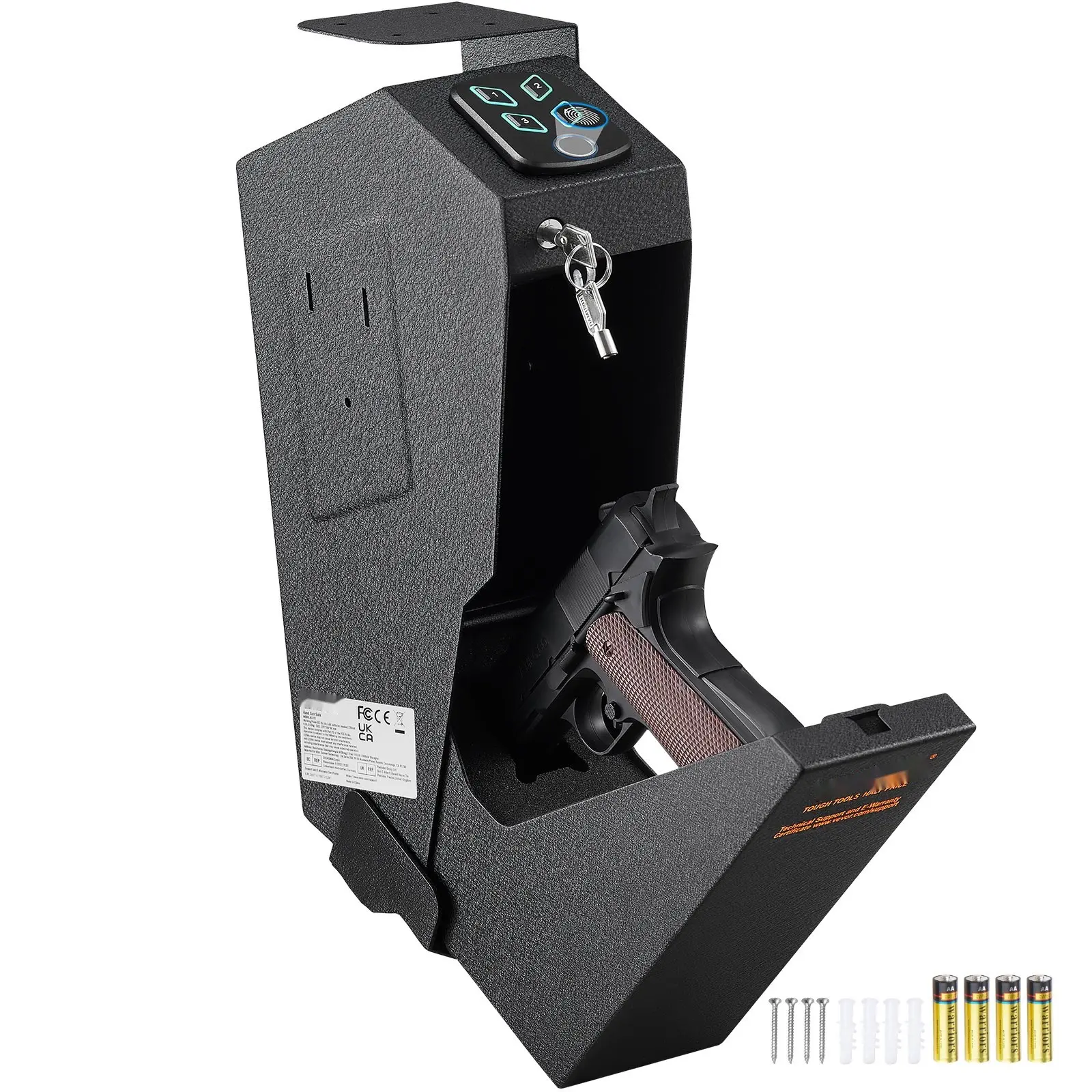 Mounted Gun Safe For Pistols With Biometric, PIN, And Key Access, Handgun Safe For 1 Pistol Featuring Three Quick Access Methods (Fingerprint Scan, Passcode, And Backup Key), Wall Mount Or Bedside Nightstand, Home Security Safe