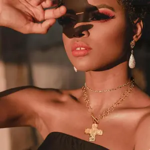 Gold Chunky Necklace For Women Statement Cross Pendant Necklace Layered Hammered Bold Cross Necklace Vintage Toggle Clasp Necklace Jewelry For Monther Day