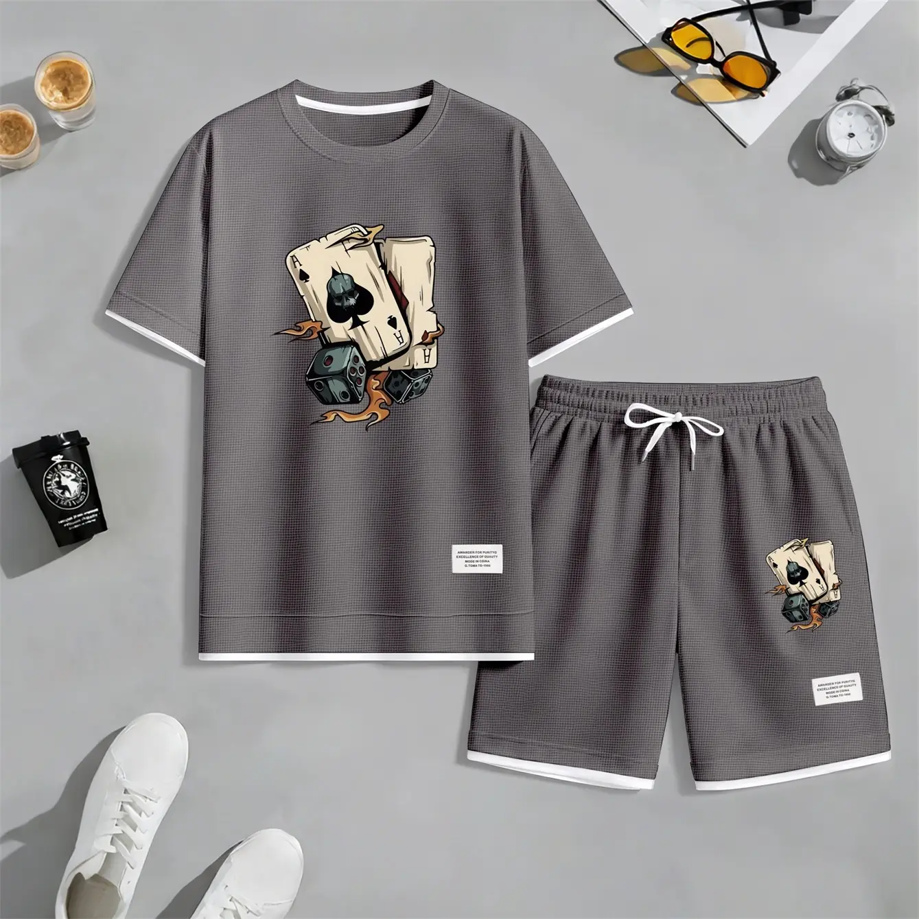 Men's 2-Piece Casual Sports Menswear Set, Cartoon Playing Cards A Print Waffle Polyester Shortsleeve Shirt & Shorts, Minimalist, Top, Athletic, Soft, Fabric, Round Neck, Loose, Athletic Wear, Crew Neck, Breathable Fabric, Contrast Trim, Outdoor Activities
