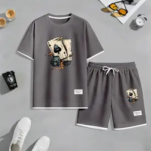 Men's Cartoon Playing Cards A Print Waffle Fabric Short-Sleeved Shirt And Shorts Set