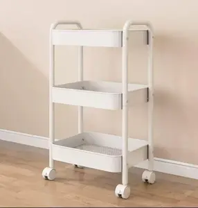 3 Tier Rolling Storage Cart with Lockable Wheels, White Metal Utility Cart with 3 Baskets, Mobile Storage Trolley for Kitchen, Bathroom, Laundry, Salon, Classroom, Space-Saving Rolling Cart for Home & Office Use