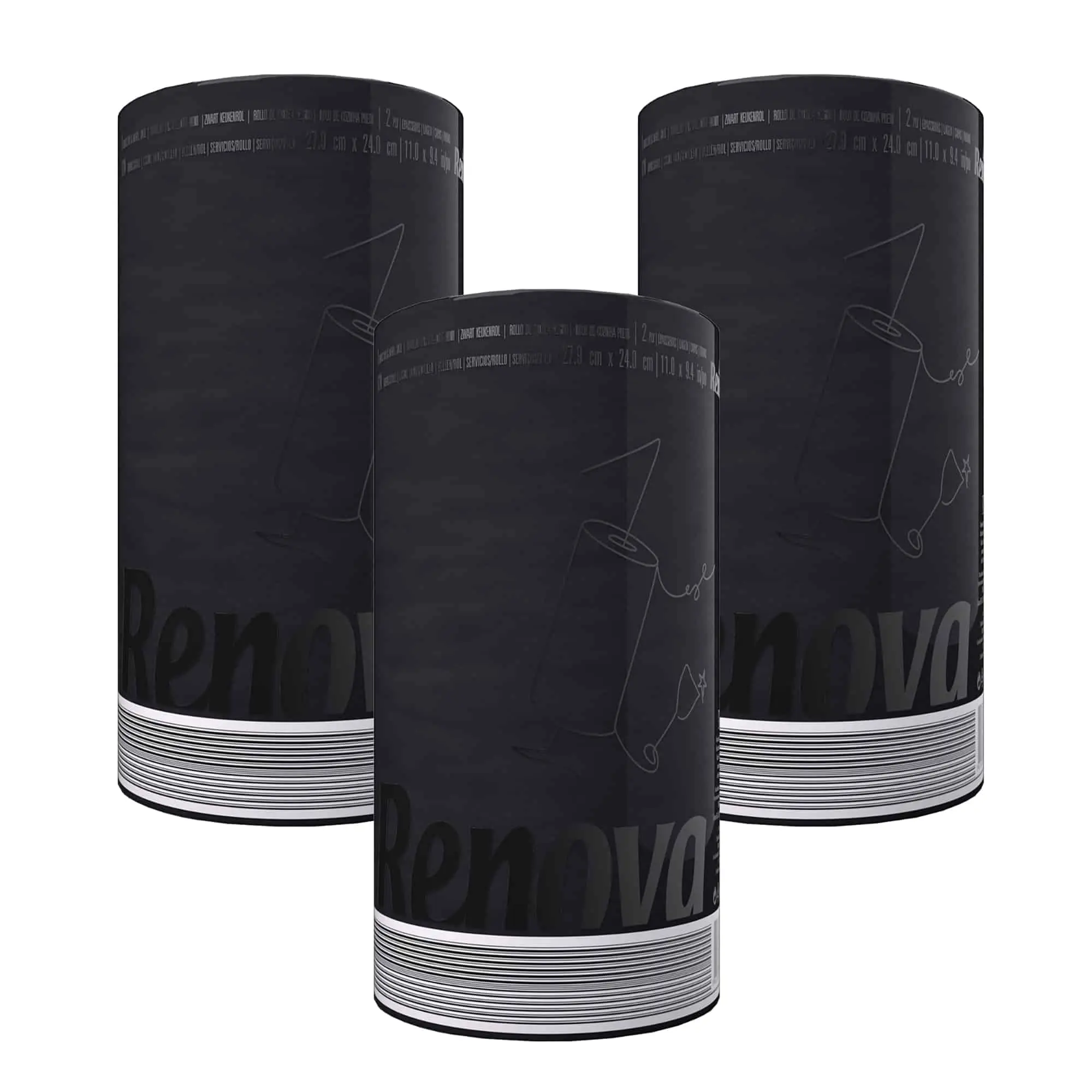 Renova Black Eco-Friendly Kitchen Paper Towel Jumbo Roll Set - 3 Rolls, 2-Ply, 120 Highly Absorbent Sheets - Professional Style for Enhanced Image