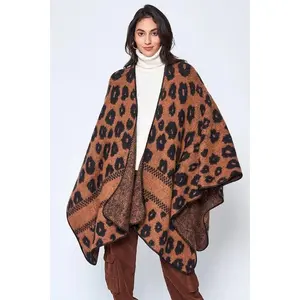 Leopard Knit Oversized Sweater Cape