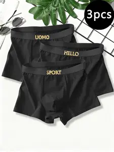 Men's Gold Letter Print Underwear Set, 3-Pack Slim-Fitting Boxers Trunks, Comfortable Skin-Friendly Fabric, Moisture-Wicking, Casual Wear