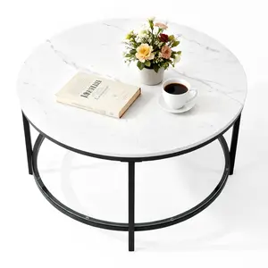 Marble Round Coffee Table with Glass for Living Room, 2-Tier Circle Coffee Table with Storage Clear Coffee Table